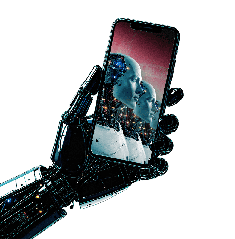 mano de robot sosteniendo un móvil en el que se ve el banner del congreso de inteligencia artificial